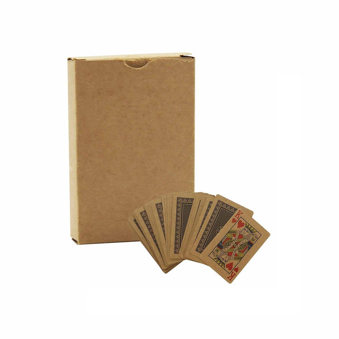 Eco-friendly playing cards spread out next to a brown cardboard box, featuring a simple design and natural colours. Eco-friendly playing cards spread out next to a brown cardboard box, featuring a simple design and natural colours.