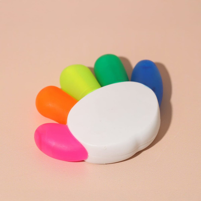 A highlighter in the shape of a hand with five vibrant colours: pink, orange, green, blue, and yellow. It has a white base. A highlighter in the shape of a hand with five vibrant colours: pink, orange, green, blue, and yellow. It has a white base.