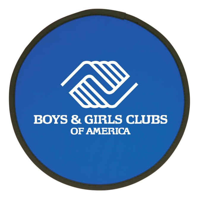 A blue fold-up flying disc with a black edge and a logo in the centre.