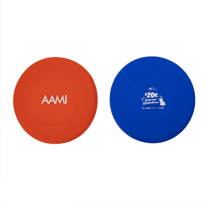 A red and blue silicone frisbee featuring a logo on one side, designed for fun and games.