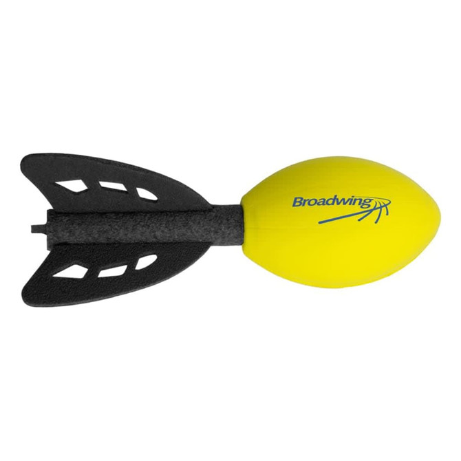 A yellow football-shaped toy with a black tail fin, featuring a logo on its surface.