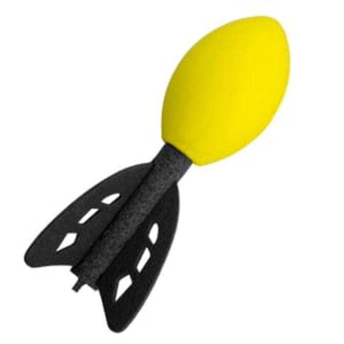 A foam rocket toy in bright yellow and black, featuring a streamlined design and wing-like fins.