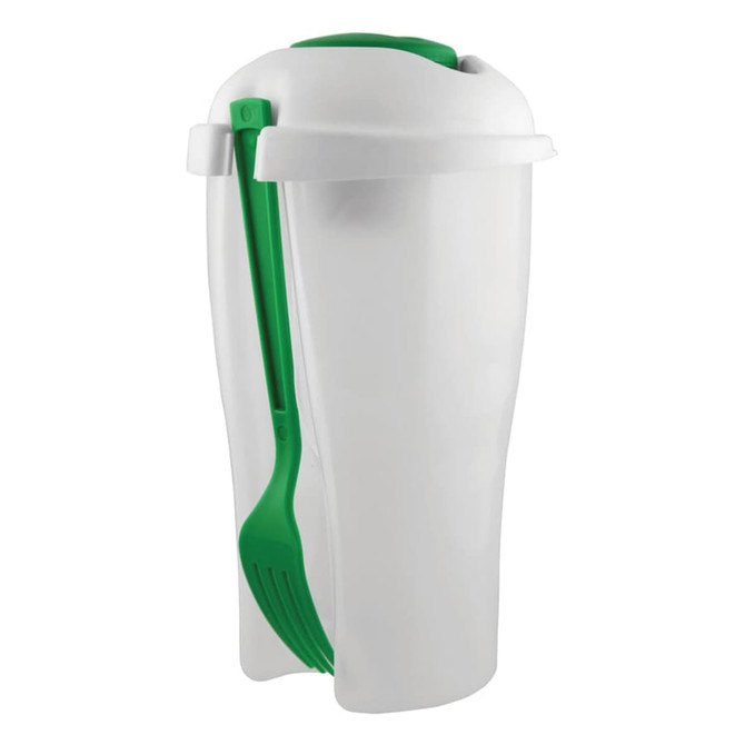 A white salad shaker with a green lid and utensils attached on the side. It has a logo on the front.