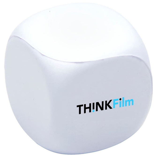 A white, squishy cube with rounded edges featuring a logo on one side.