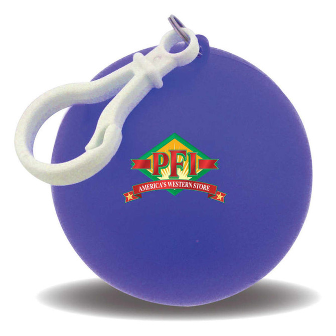 A purple rain poncho ball with a white clip and a logo on the surface.