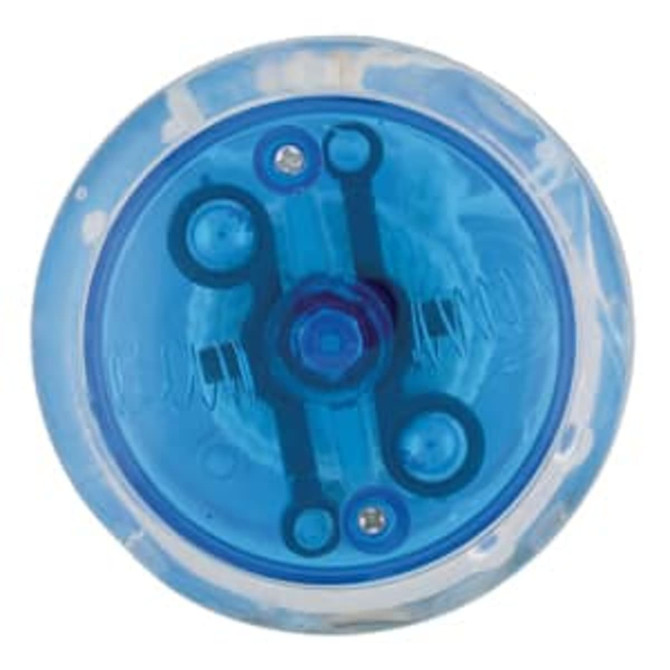 A blue LED light-up yo-yo with a translucent design and various internal components visible.