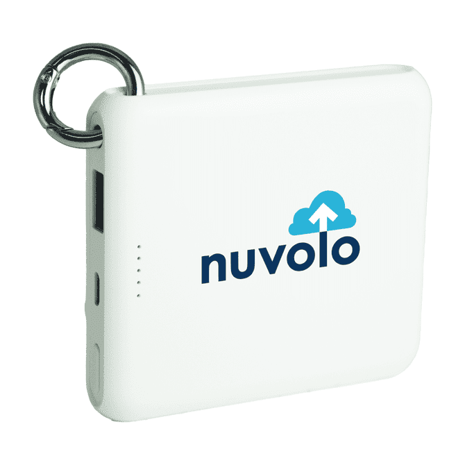 A white power bank with a ring attachment, featuring a logo on one side.