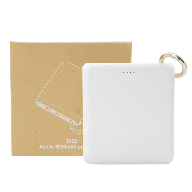 A white Apollo Power Bank (5,000 mAh) with a silver keyring, next to its brown packaging box.