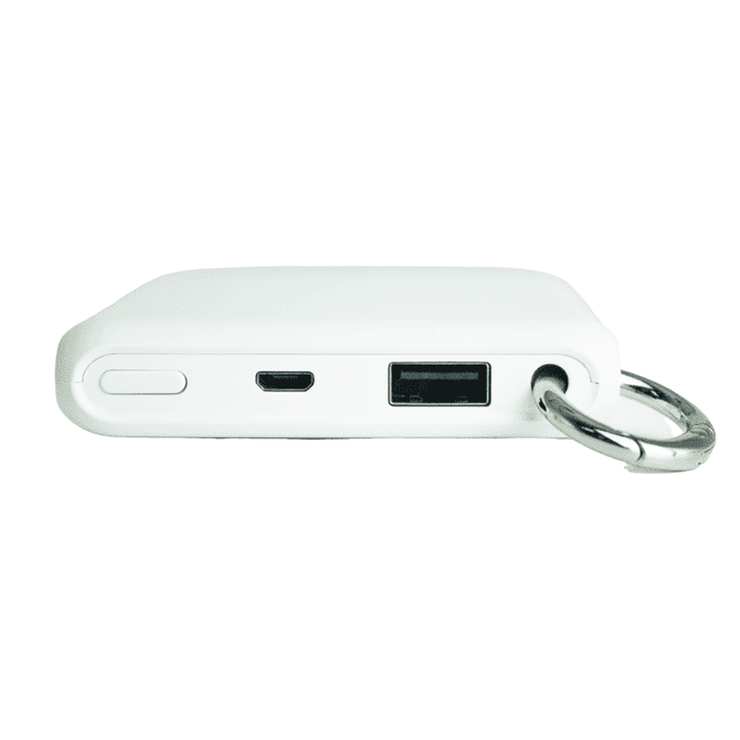 A white power bank with a USB port and a micro USB input, featuring a keychain attachment.