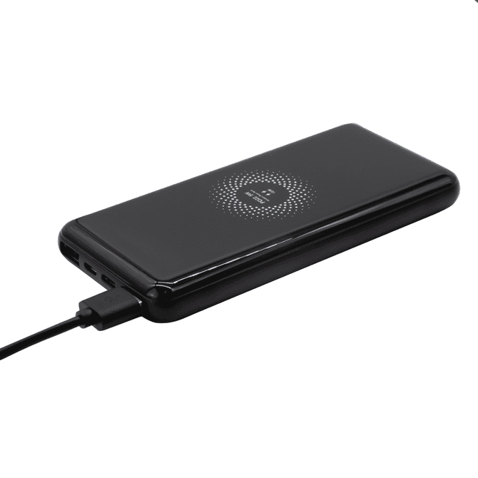A black power bank with a textured surface and a connection cable, featuring a logo on the side.