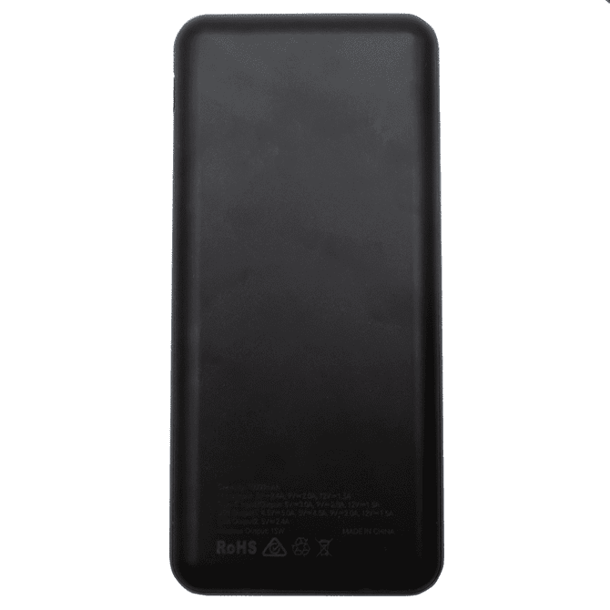 A black power bank with a sleek design, featuring a logo and specifications on the underside.