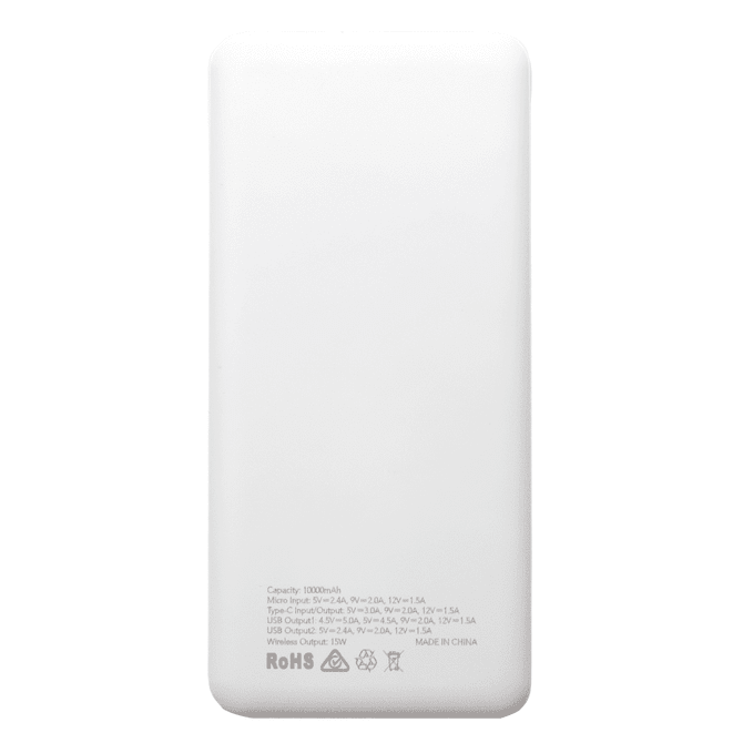 A white power bank with a capacity of 10,000 mAh, featuring multiple output ports and a logo on the back.