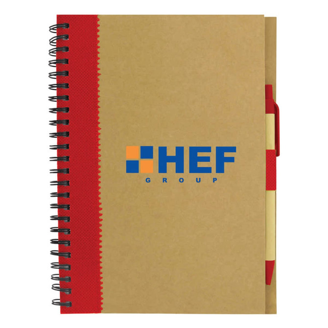 A recycled paper notebook with a brown cover, red spiral binding, and a logo on the front. It includes a pen.
