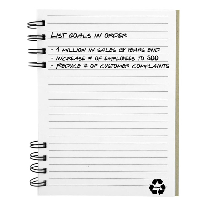 A recycled journal book with a spiral binding, featuring lined pages and a small recycling logo at the bottom.