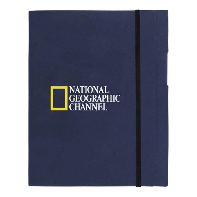 A navy blue A5 journal book with an elastic band and a logo on the front. It features a two-pocket design.