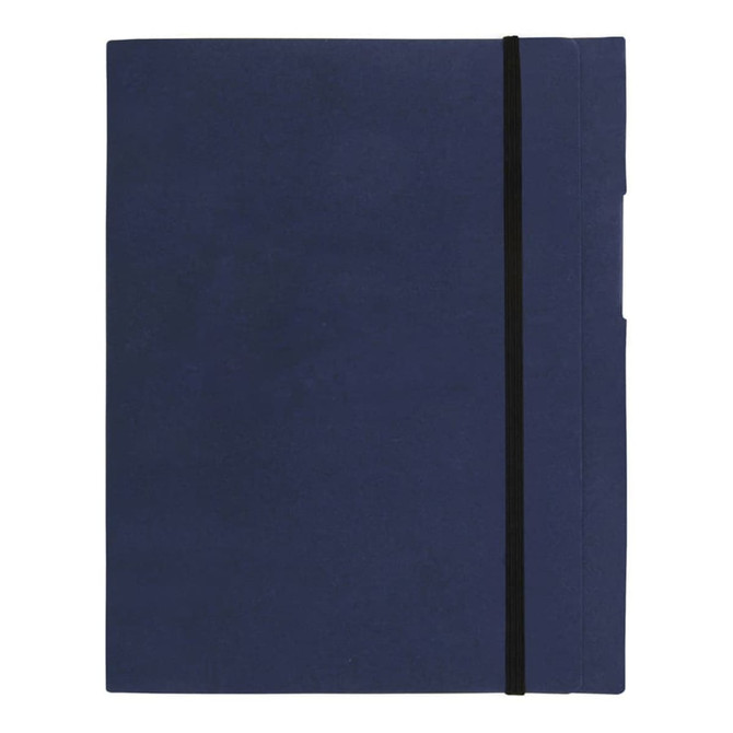 A navy blue Large Tuck A5 Journal Book with an elastic band and side pockets. It has a simple design and branding.