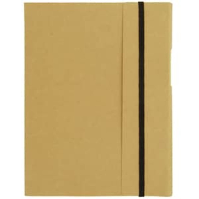 A tan A5 journal book with a black elastic band closure and a simple design, featuring a logo on the front.