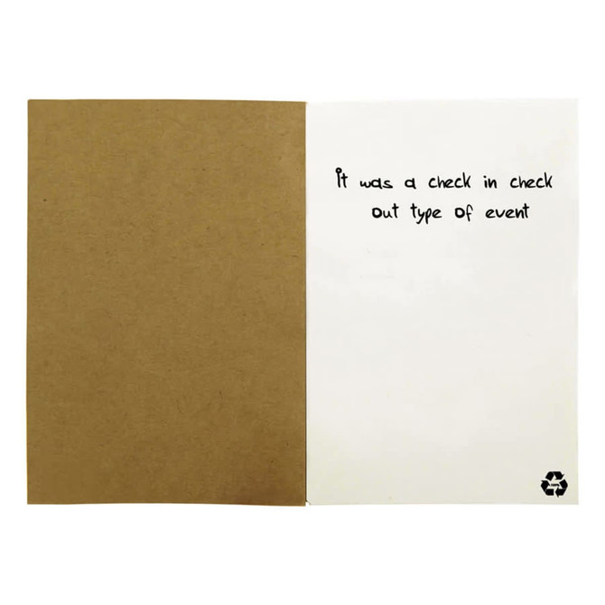 A recycled notebook with a brown kraft cover, featuring a simple inner design and a logo on one page.