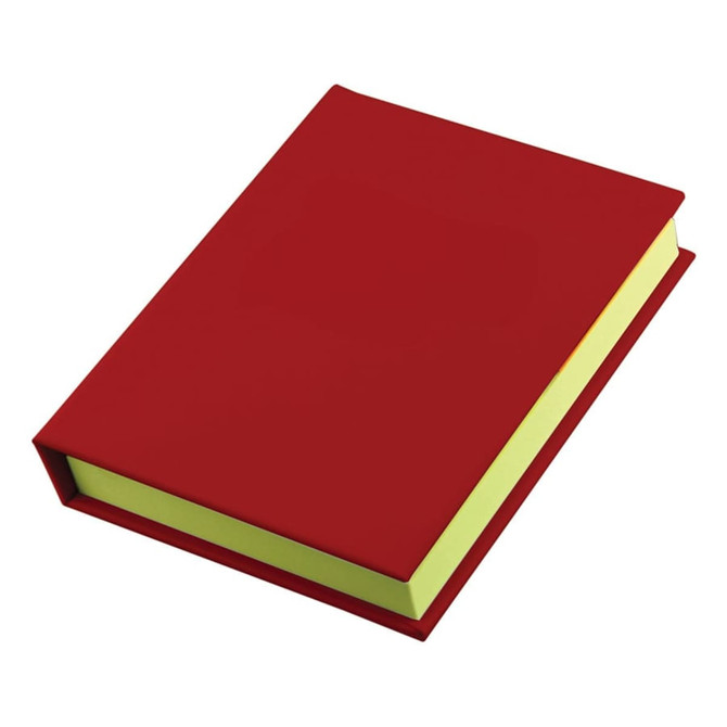 A red adhesive note book with a light green interior, featuring a sleek, smooth cover and a simple design.