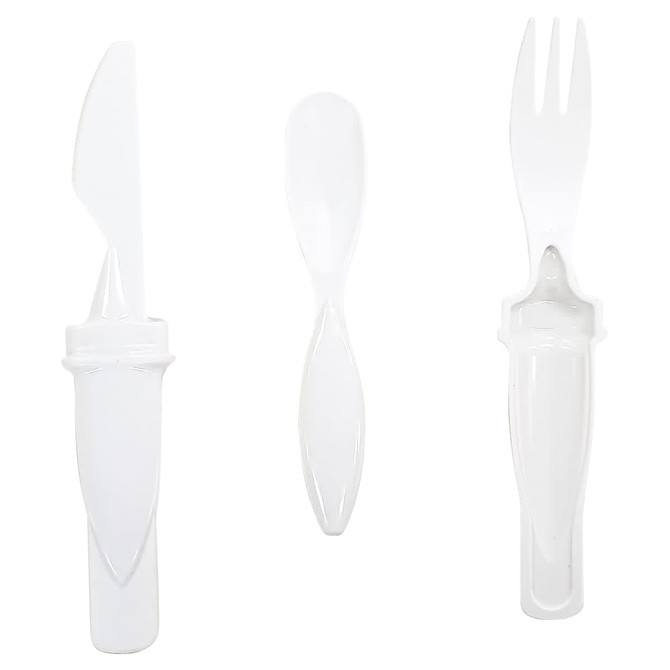 A plastic cutlery set featuring a white knife, fork, and spoon, with an integrated handle design.