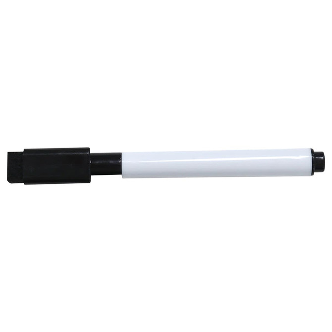 A whiteboard marker with a black cap and a white barrel, featuring a logo on its surface.