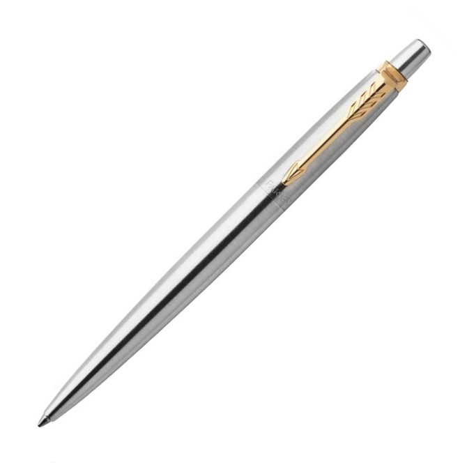A metal ballpoint pen in brushed stainless steel with a gold-tone clip and detailing. It features a branding logo.