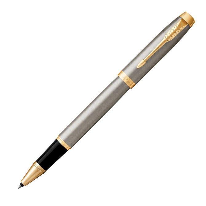 A metal rollerball pen in brushed stainless steel with gold accents, featuring a logo on the cap.