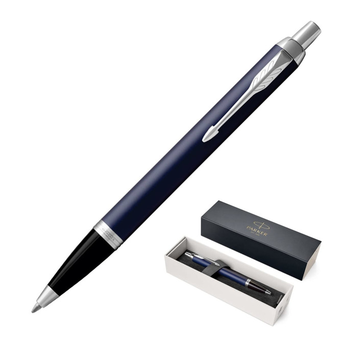 A metal ballpoint pen in matte blue, featuring chrome accents, presented in a box with a logo.