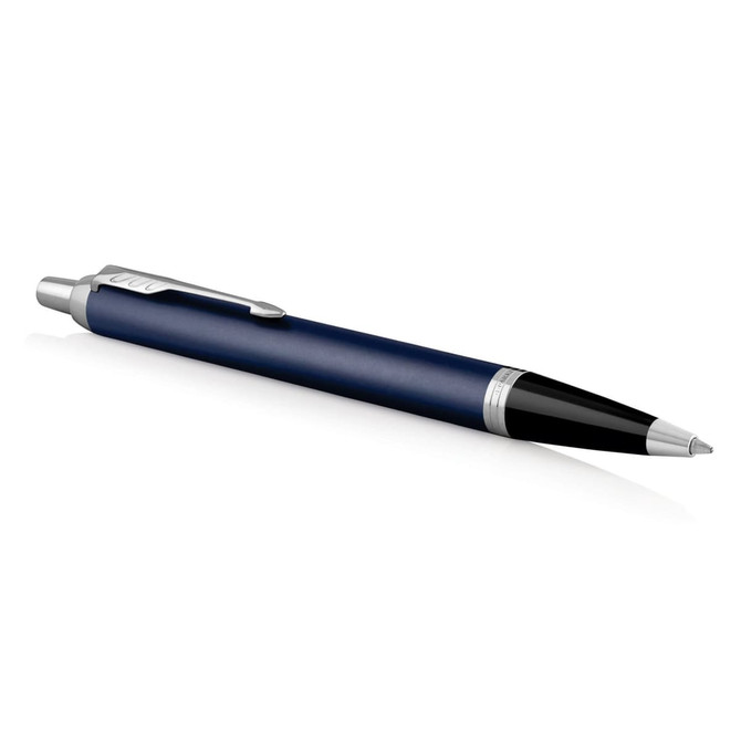 A metal ballpoint pen in matte blue, featuring a silver clip and accents, with branding on the barrel.