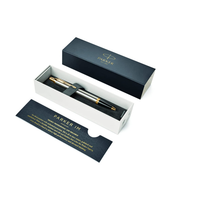 A metal ballpoint pen in brushed stainless steel, presented in a black and white gift box with branding.