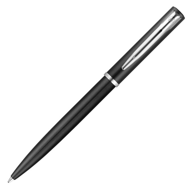 A black metal ballpoint pen with chrome accents and a logo on the clip.