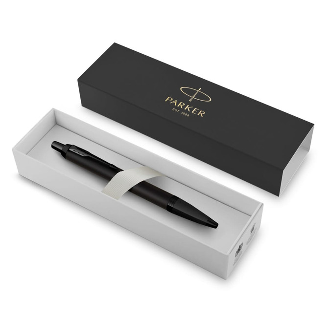 A matte black ballpoint pen in a stylish box, featuring a brand logo on the exterior.