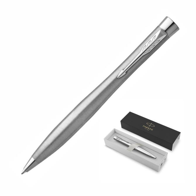 A metallic silver ballpoint pen with a sleek design, presented in a black box with a logo.