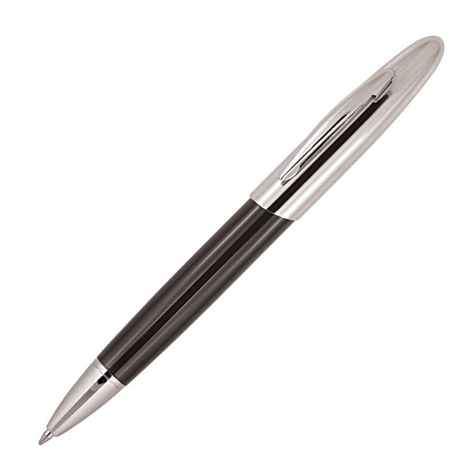 A black and silver metal ballpoint pen featuring a sleek design and a clip. It includes a branding logo.