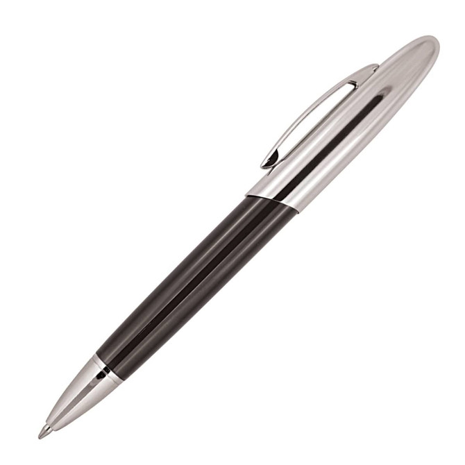 A metal ballpoint pen in black and silver, featuring a sleek design and a branding logo.