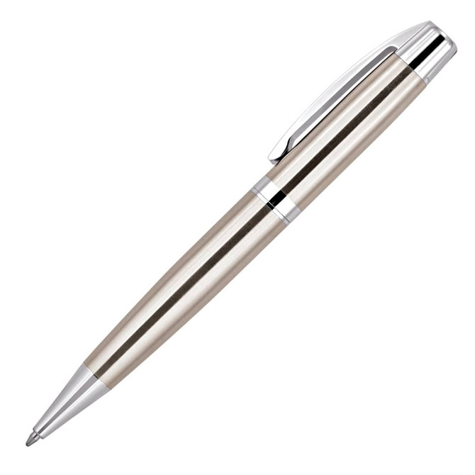 A ballpoint pen in a metallic silver finish with chrome accents, featuring a sleek design and a clip.