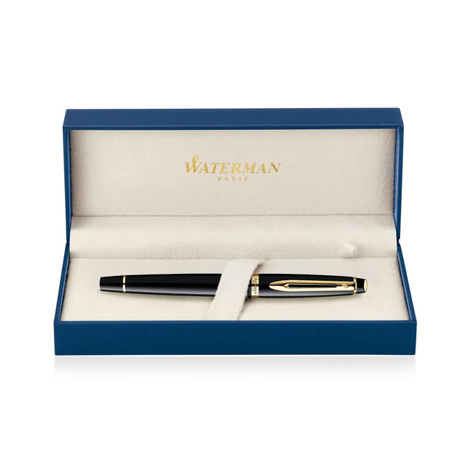 A black lacquer rollerball pen displayed in a blue gift box, featuring a gold accent and a branding logo.