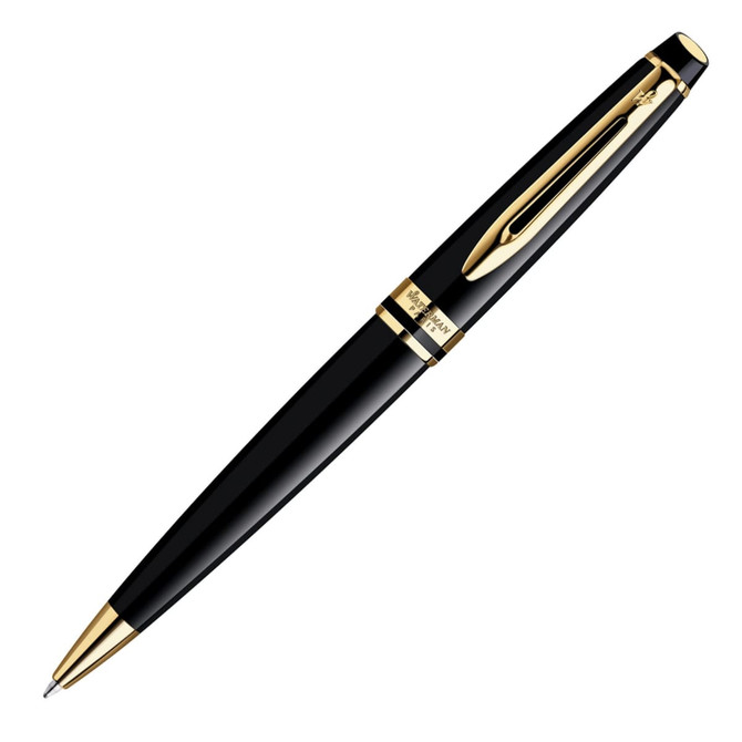 A ballpoint pen with a sleek lacquer black finish and gold accents, featuring a logo on the clip.