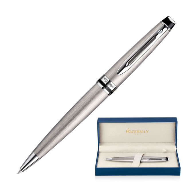 A metal ballpoint pen in brushed stainless steel, displayed alongside a blue presentation box with branding.