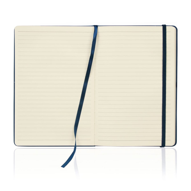 An A5 executive notebook journal in navy blue with lined pages and a ribbon marker. It has an elastic closure.
