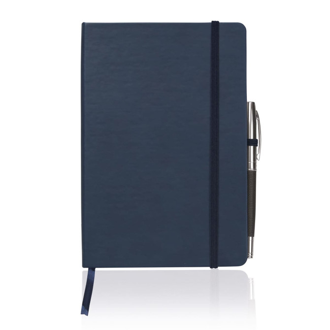 A navy A5 executive notebook journal with an elastic band closure and a pen attached. It features a smooth surface and a ribbon bookmark.