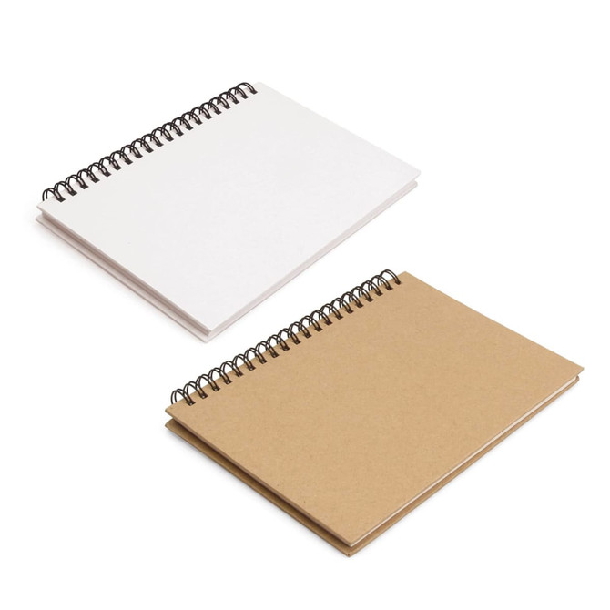 An Eco A5 notebook featuring a white and a brown stone paper cover with a spiral binding. An Eco A5 notebook featuring a white and a brown stone paper cover with a spiral binding.