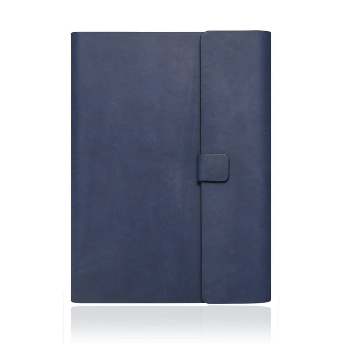 A dark blue A5 notebook journal with a leather look and a magnetic closure. Features a logo on the cover.