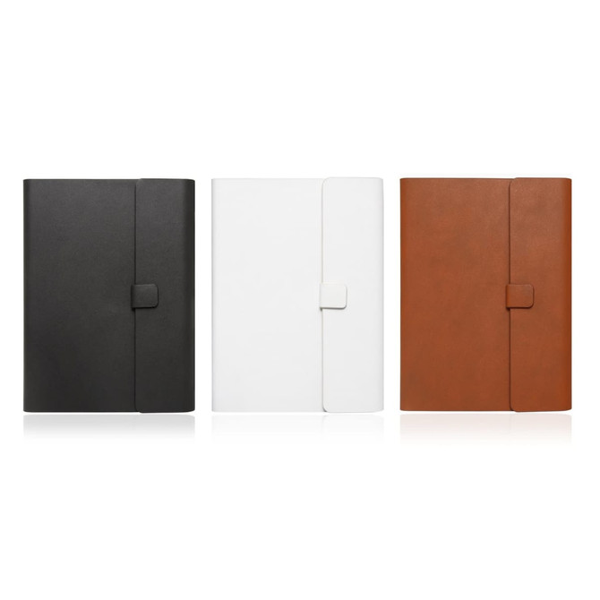 A notebook journal set featuring black, white, and brown leather-look covers with magnetic closures and branding.
