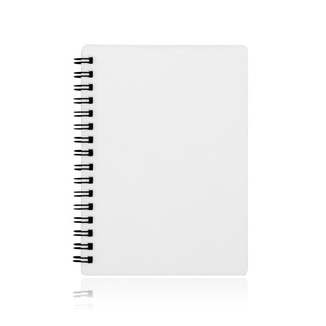 A white A6 spiral-bound notebook with black spirals and blank pages. It features a logo on the cover.