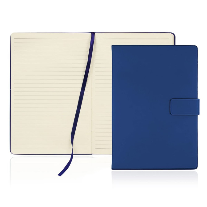 A navy blue A5 notebook journal featuring a magnetic closure and lined pages with a ribbon bookmark.