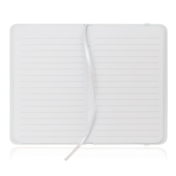 A leather-look A6 notebook journal with lined pages and a ribbon bookmark, in a light colour.