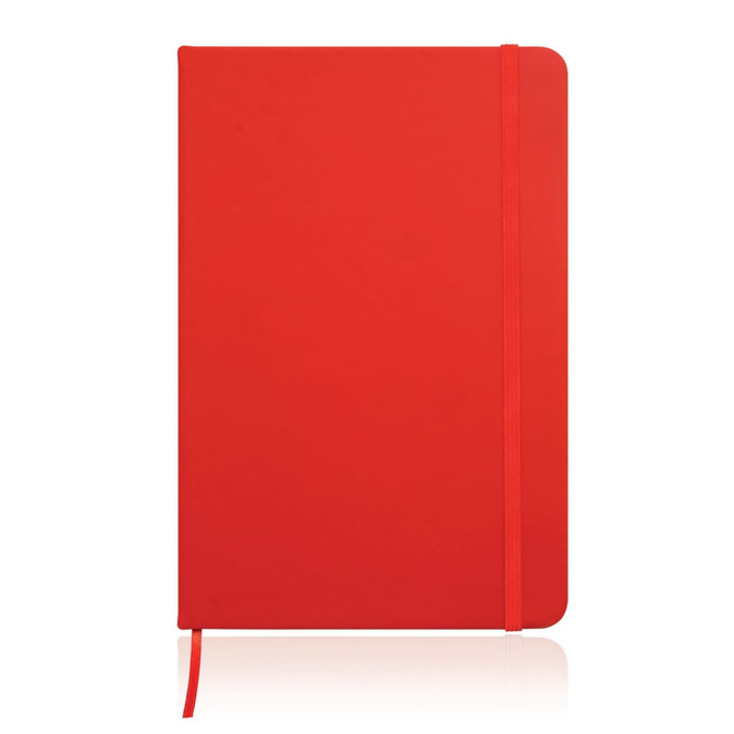 A red A5 notebook journal with a leather-look finish and an elastic band closure. Includes a logo.