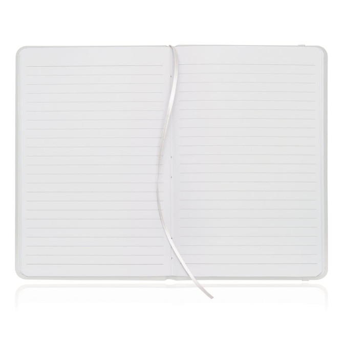 A A5 notebook journal with a leather-look cover, featuring lined pages and a ribbon bookmark in a light colour.