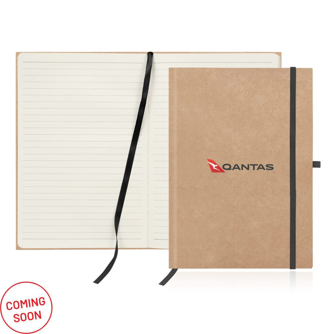 A recycled paper journal with a kraft cover, elastic closure, and an internal black ribbon bookmark. It features a logo.
